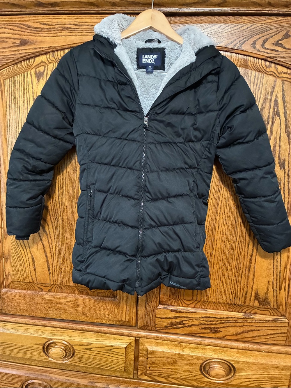 Lands' End Girls' 10/12 Black Puffer Coat Hood Faux Fur Hood